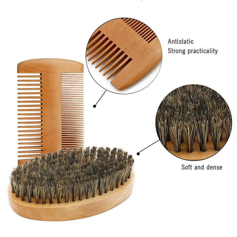 Professional Soft Boar Bristle Wood Beard Brush Hairdresser Shaving Brush Comb Men Mustache Comb Kit With Gift Bag Hair Comb Set